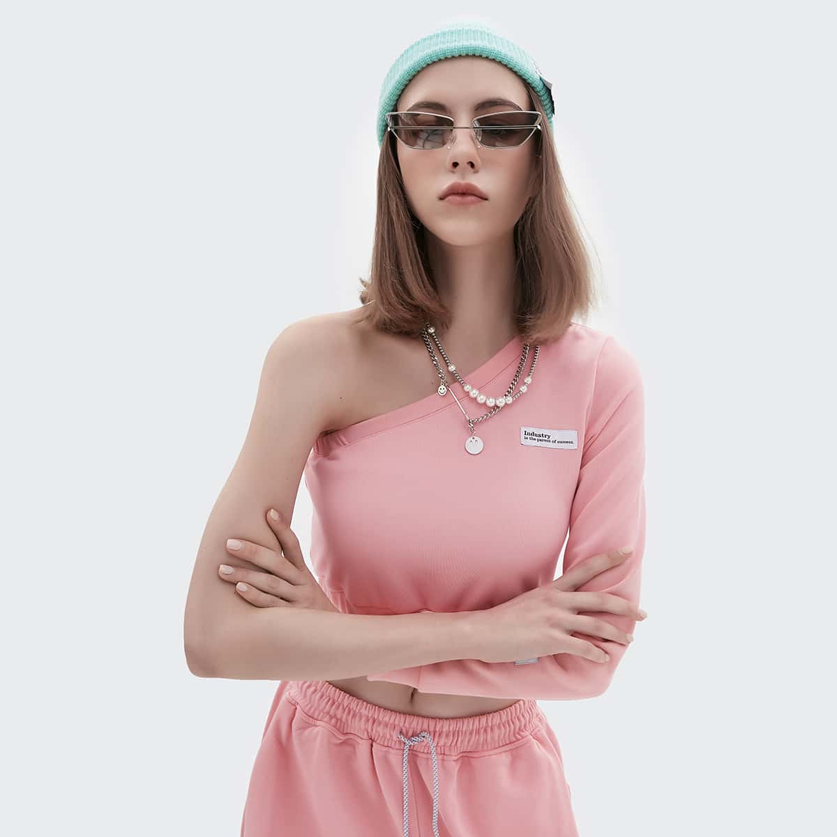 

One Shoulder Patched Detail Crop Pullover, Pastel baby pink