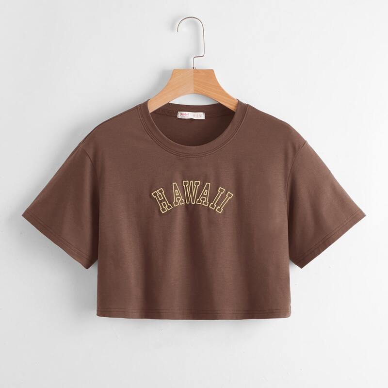 

Letter Embroidery Crop Tee, Coffee brown