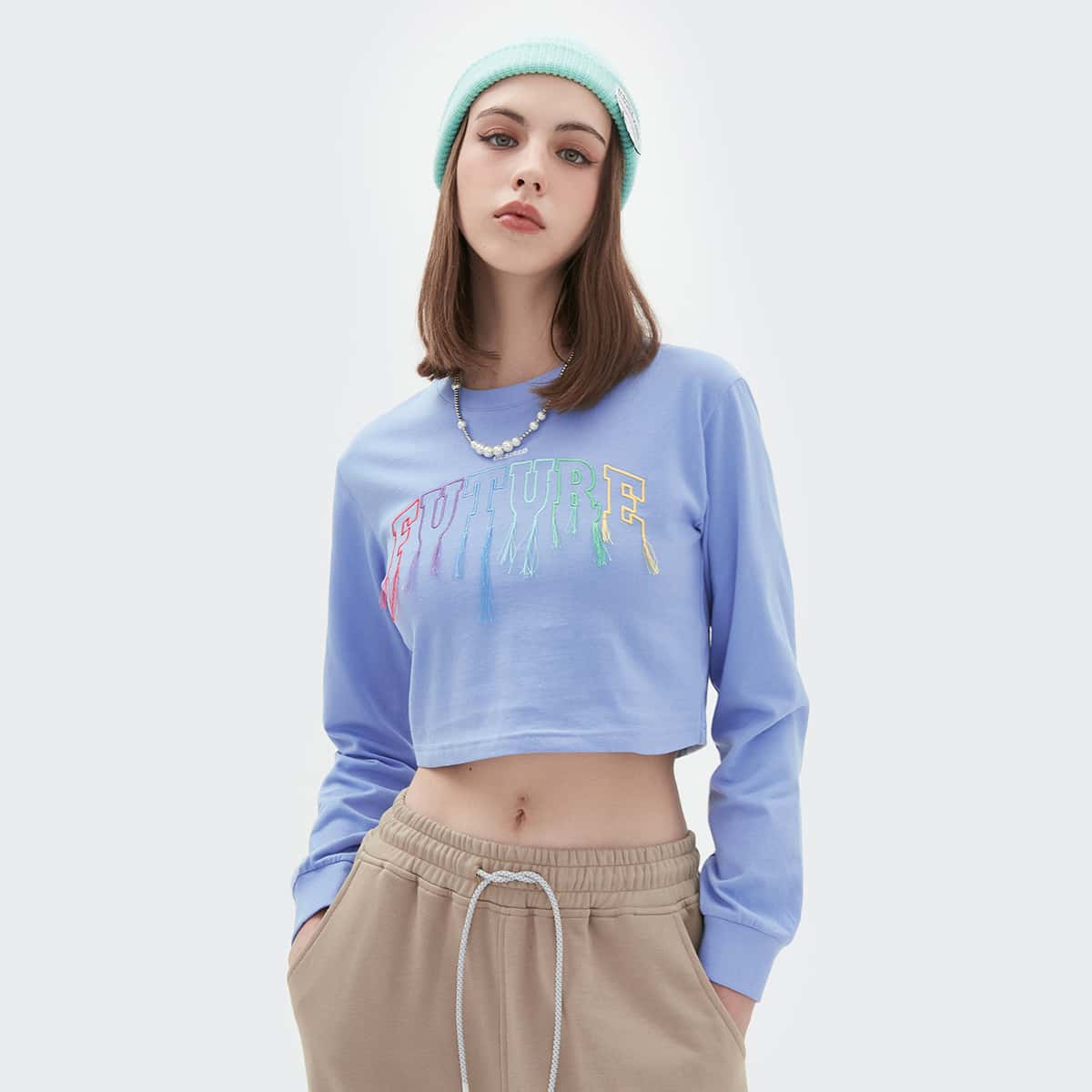 

Letter Embroidery Fringe Detail Crop Pullover, Blue