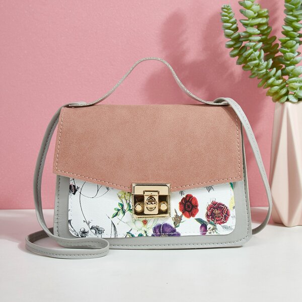 

Floral Graphic Twist Lock Satchel Bag, Multicolor