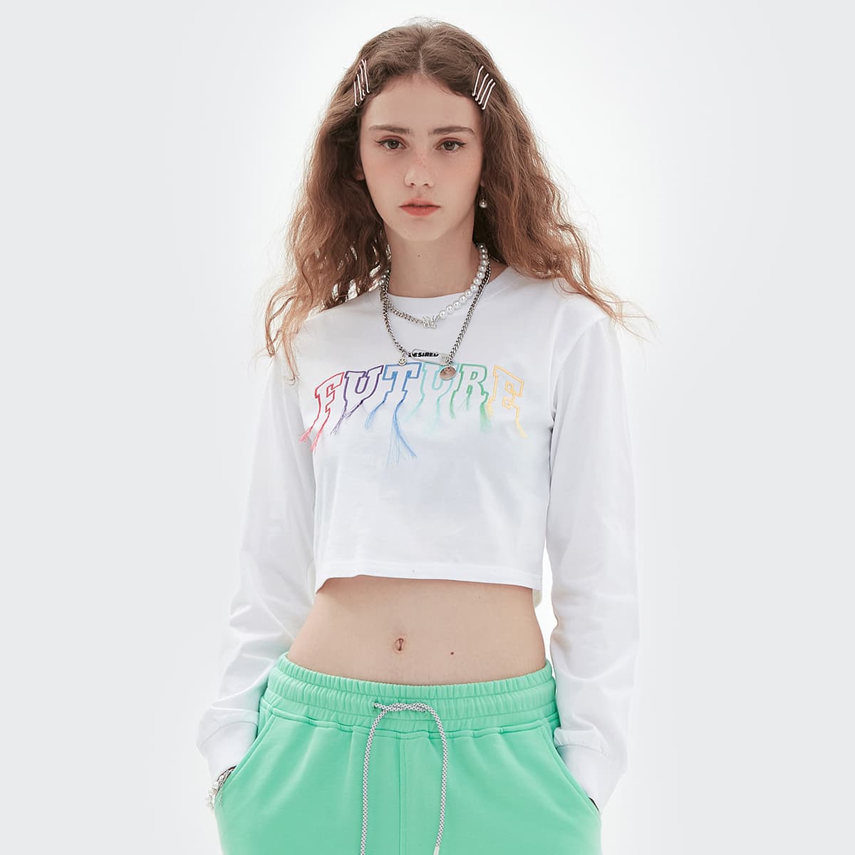 

Letter Embroidery Fringe Detail Crop Pullover, White