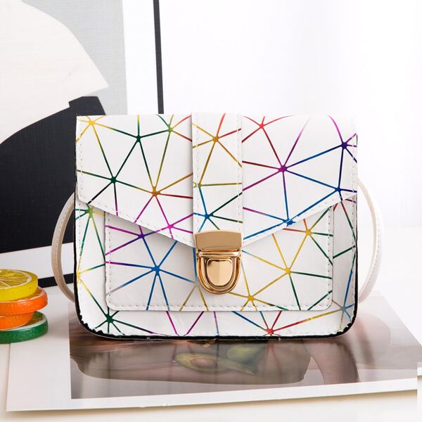

Geometric Graphic Push Lock Crossbody Bag, White