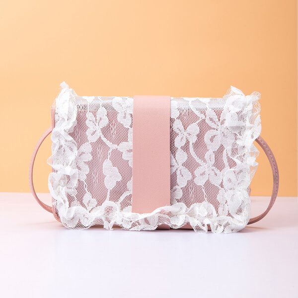 

Contrast Lace Panel Crossbody Bag, Pink