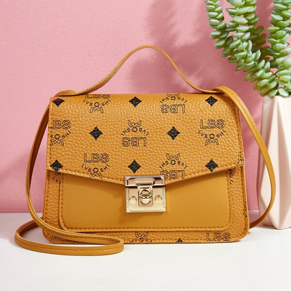 

Letter Graphic Twist Lock Satchel Bag, Yellow