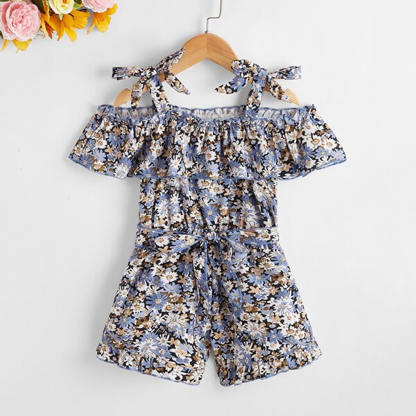 

Toddler Girls Floral Print Cold Shoulder Belted Romper, Multicolor