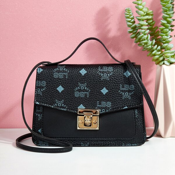 

Letter Graphic Twist Lock Satchel Bag, Black