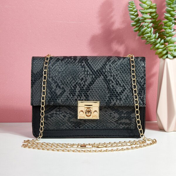 

Snakeskin Print Twist Lock Chain Bag, Dark grey