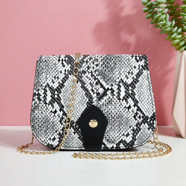 

Snakeskin Print Flap Chain Bag, Grey