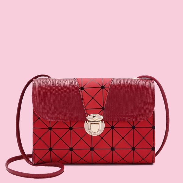 

Geometric Pattern Push Lock Crossbody Bag, Red