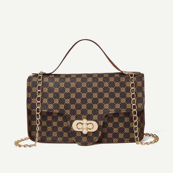 

Geometric Graphic Flap Chain Bag, Coffee brown
