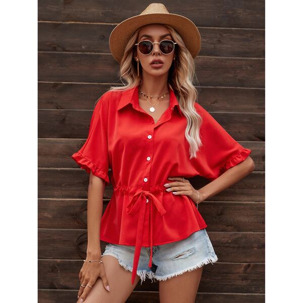 

Solid Drawstring Waist Flounce Sleeve Blouse, Red