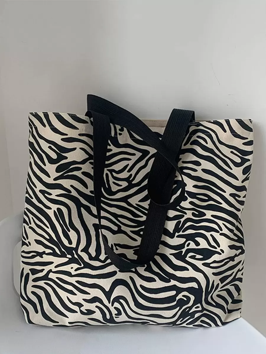 Fashionable Black Zebra Striped Zipper Closure Shoulder Tote Bag, School Bag, Large Capacity, Portable, For Teen Girls Women College Students, White-Collar Workers, Perfect For Work, Back To School, Middle School, High School, College, Vacation - Black - View 1