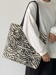 Fashionable Black Zebra Striped Zipper Closure Shoulder Tote Bag, School Bag, Large Capacity, Portable, For Teen Girls Women College Students, White-Collar Workers, Perfect For Work, Back To School, Middle School, High School, College, Vacation - Black - View 2