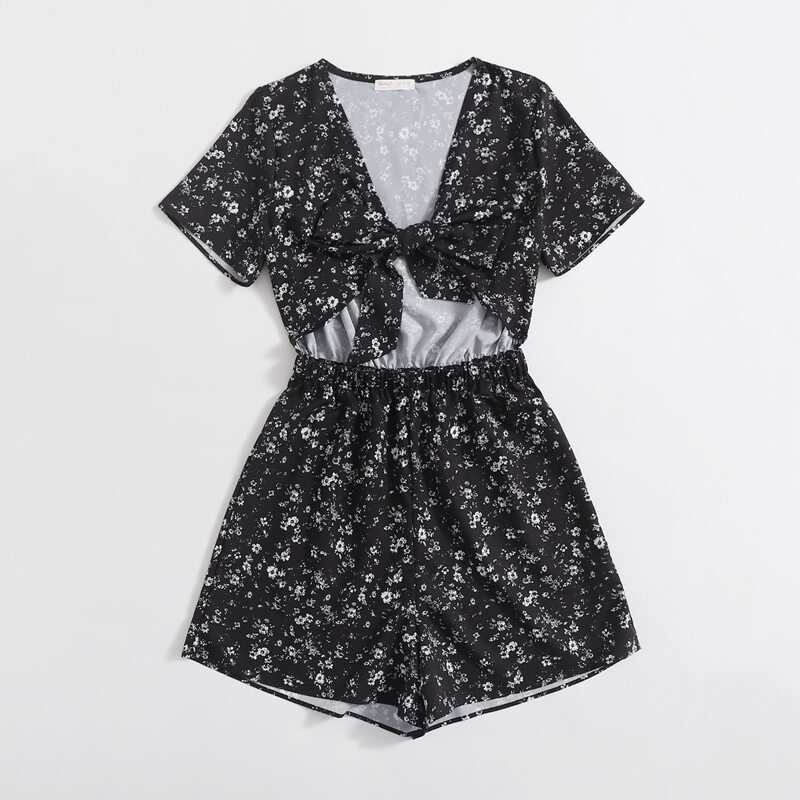 

Ditsy Floral Tie Front Romper, Black and white