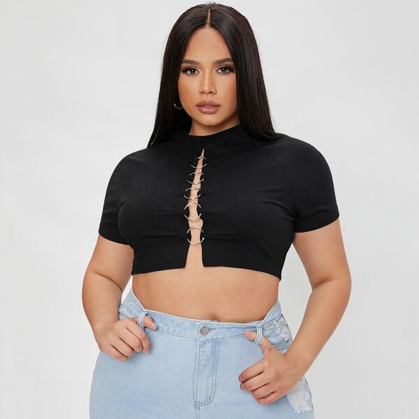 

Plus O-ring Front Mock Neck Raglan Sleeve Top, Black