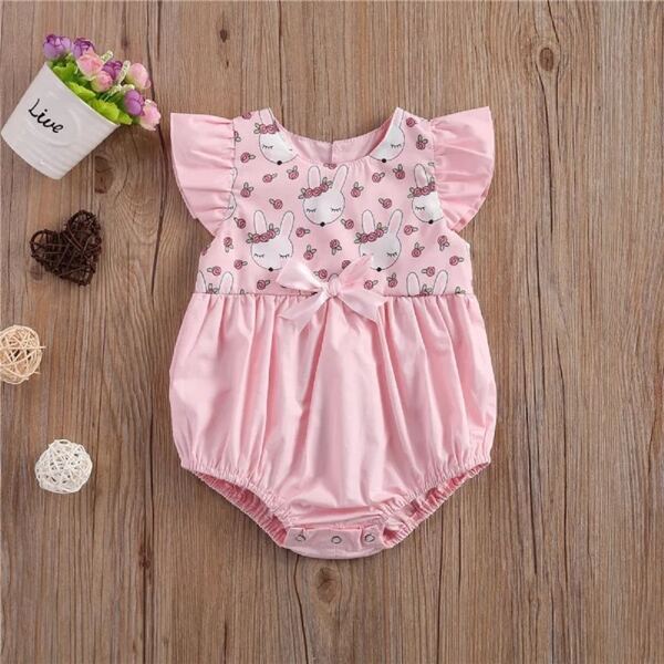 

Baby Girl Cartoon Rabbit Print Bow Front Bodysuit, Pink