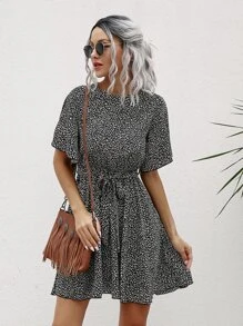 Breezaya 滿版圖案腰帶A字型洋裝 - 黑色 - 查看 5