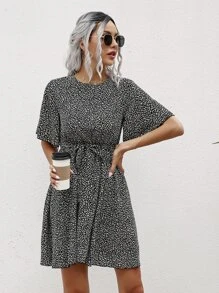 Breezaya 滿版圖案腰帶A字型洋裝 - 黑色 - 查看 6