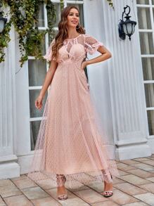 Stereo Floral Detail Lace Overlay Dress - Coral Pink - View 1