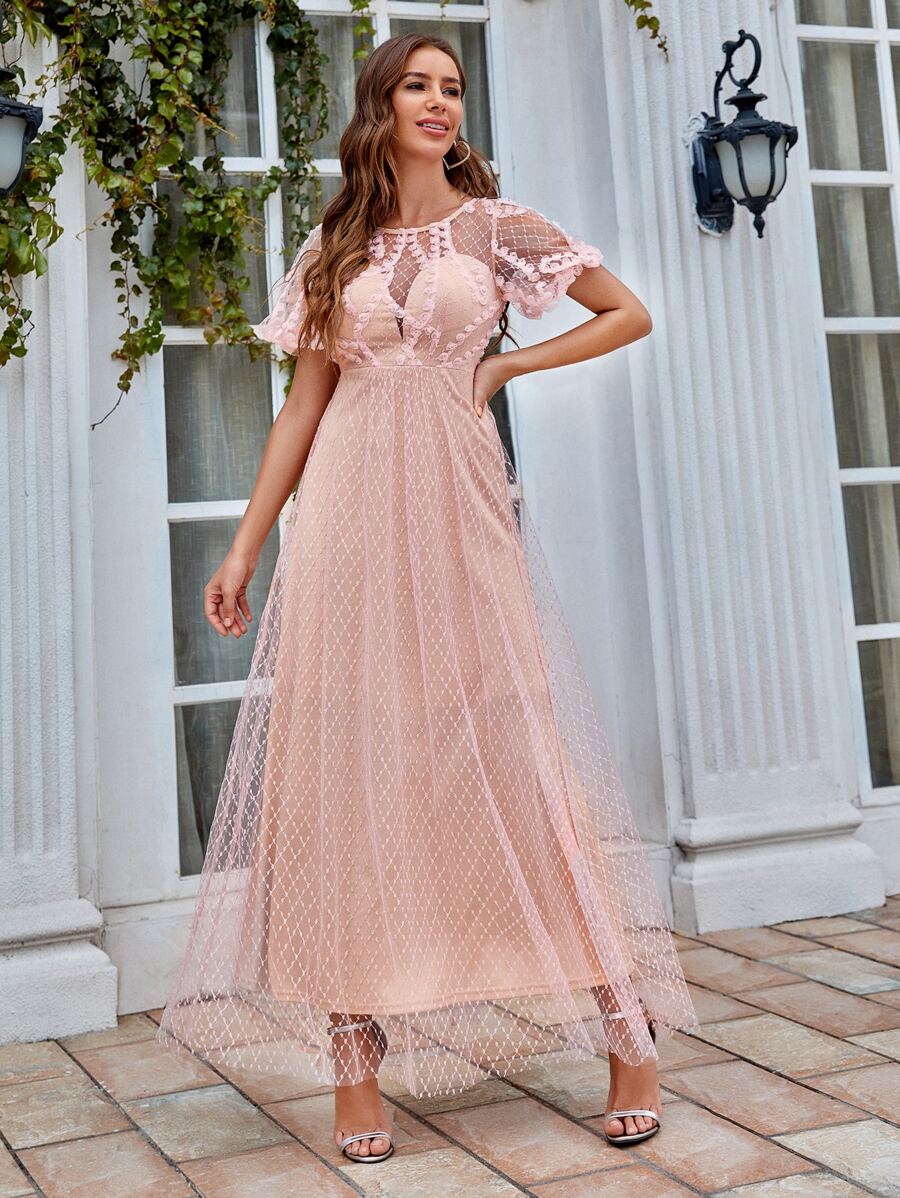 Stereo Floral Detail Lace Overlay Dress - Coral Pink - View 1