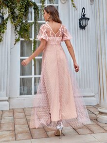 Stereo Floral Detail Lace Overlay Dress - Coral Pink - View 2