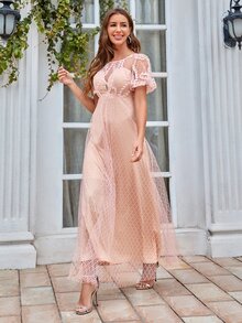 Stereo Floral Detail Lace Overlay Dress - Coral Pink - View 3