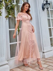 Stereo Floral Detail Lace Overlay Dress - Coral Pink - View 4