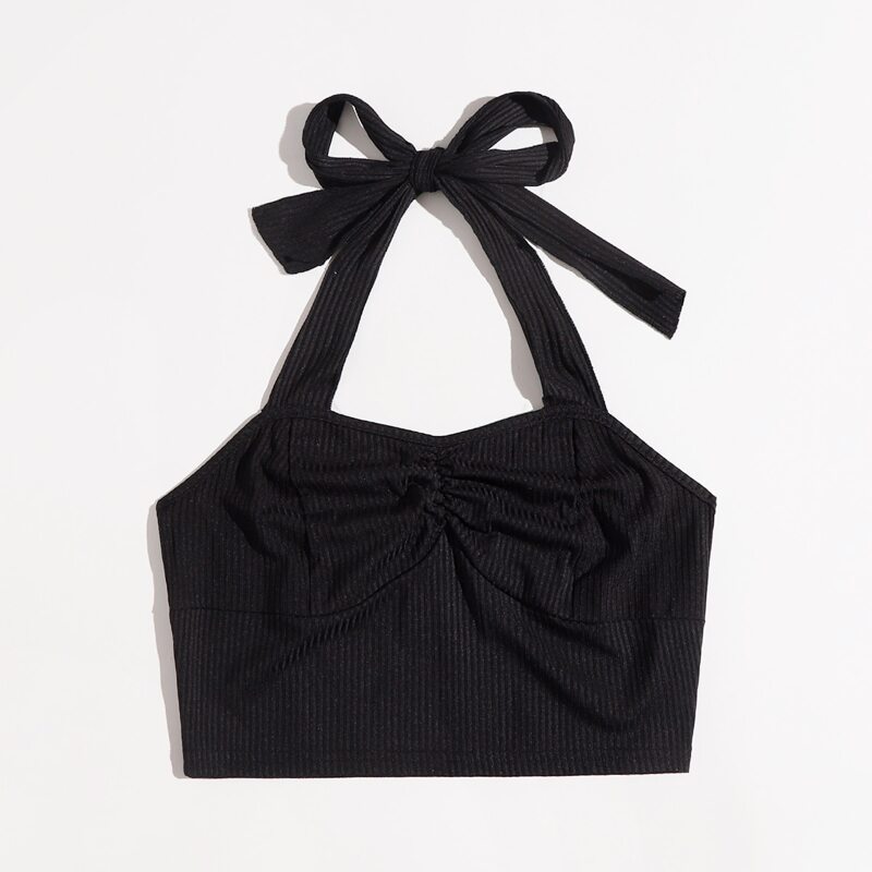 

Solid Ribbed Halter Crop Top, Black