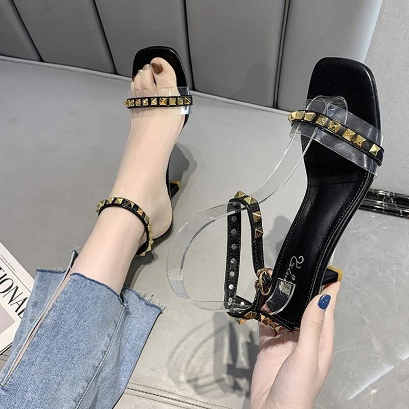 

Studded Ankle Strap Heeled Sandals, Black