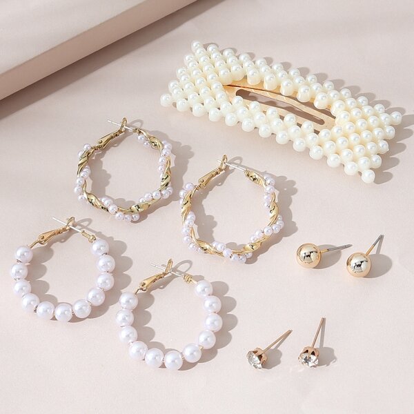 

4pairs Faux Pearl Earrings & 1pc Hair Clip, White