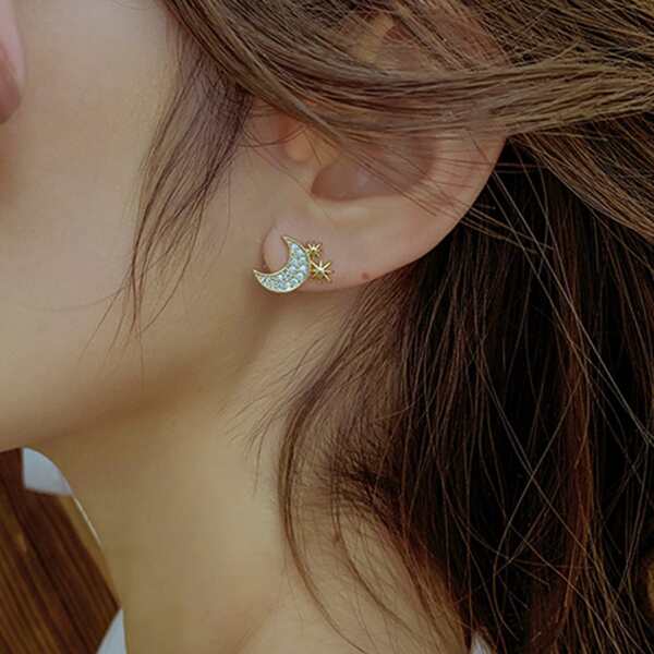 

Zircon Moon Stud Earrings, Gold