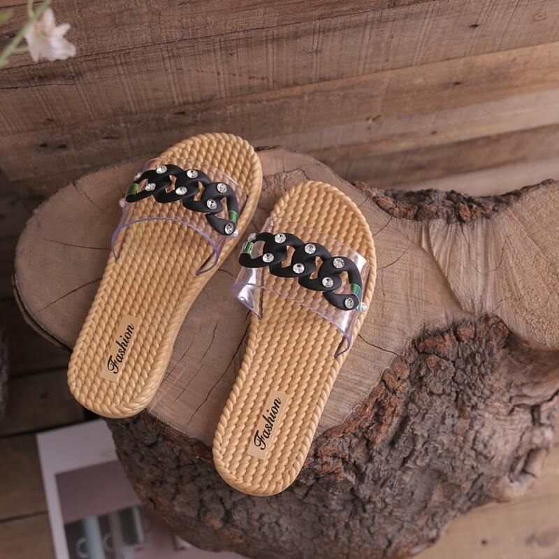 

Rhinestone Chain Clear Slide Sandals, Black