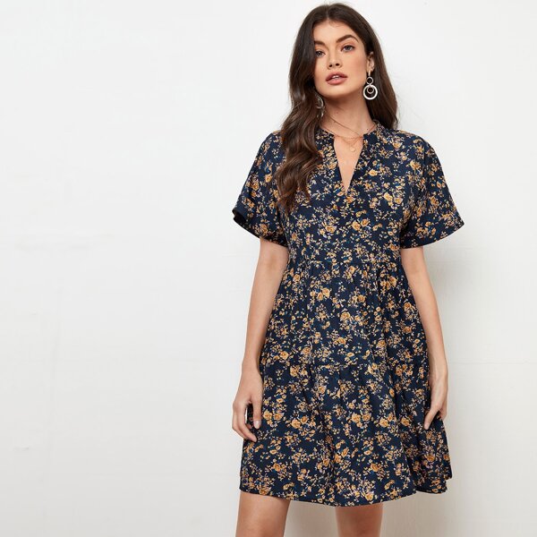 

Ditsy Floral Notch Neck Smock Dress, Multicolor