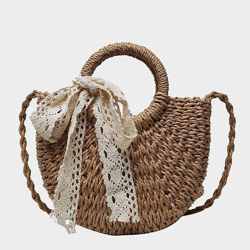 

Lace Knot Straw Satchel Bag, Khaki