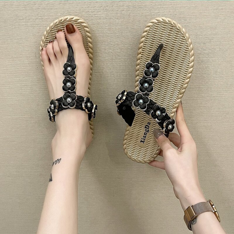 

Floral Braided Strap Thong Sandals, Black
