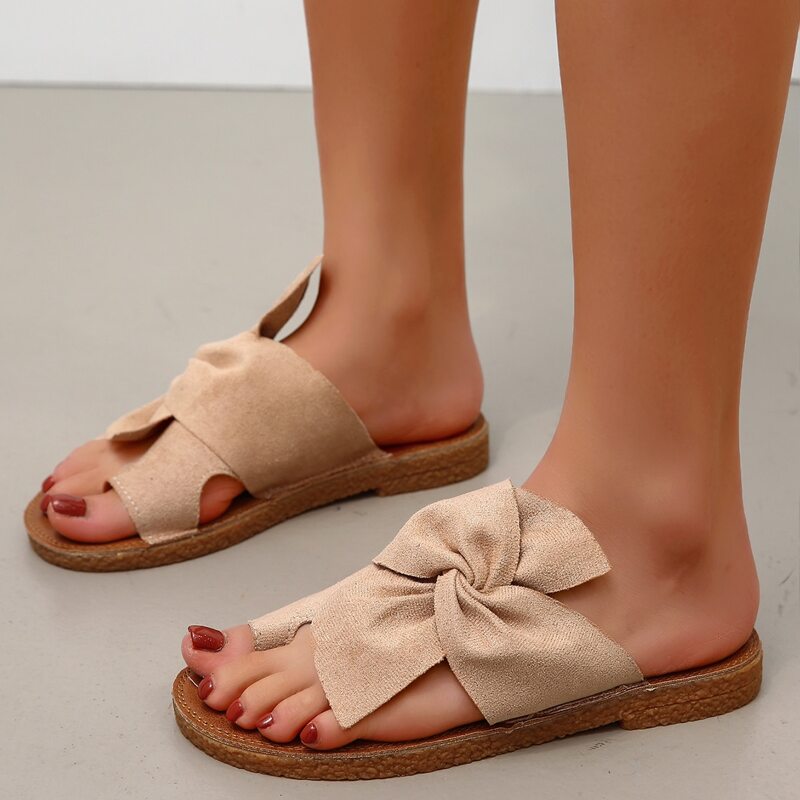 

Bow Knot Toe Post Slide Sandals, Beige