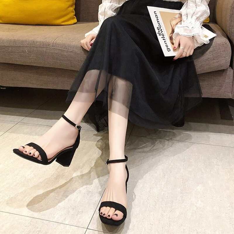 Ankle Strap Chunky Heeled Sandals, Black