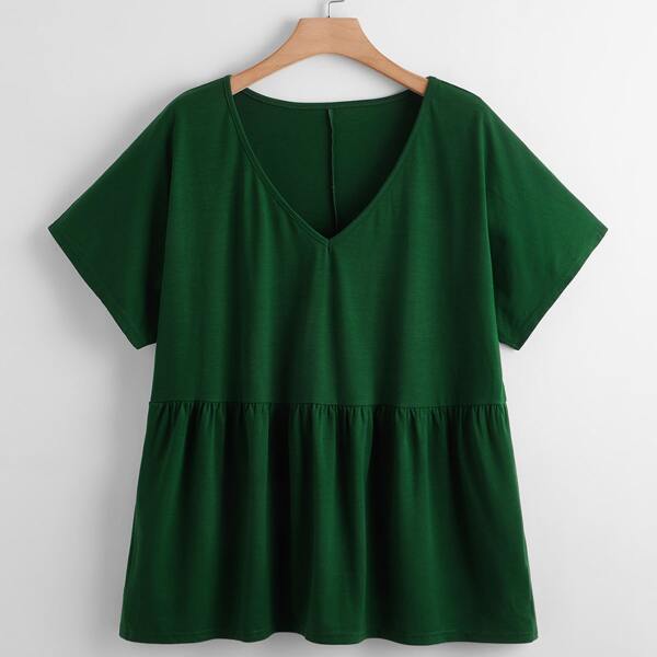 

Plus Solid V Neck Babydoll Tee, Dark green