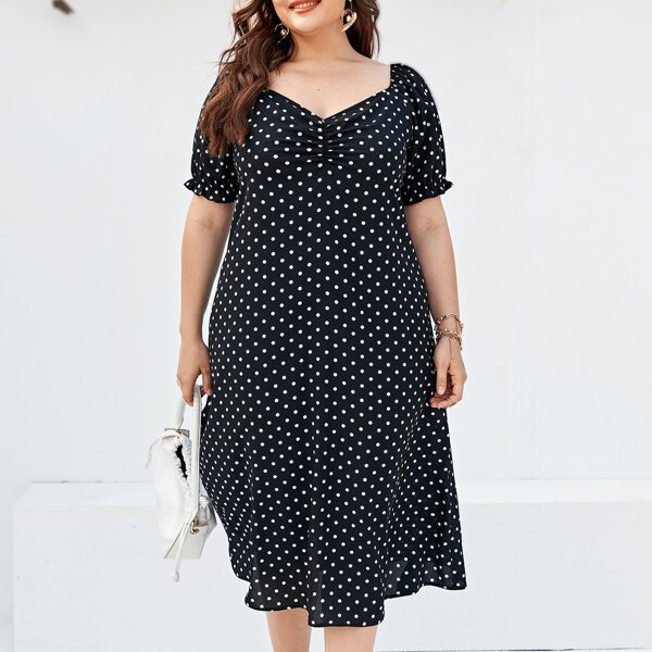 

Plus Polka Dot Sweetheart Neck Dress, Black