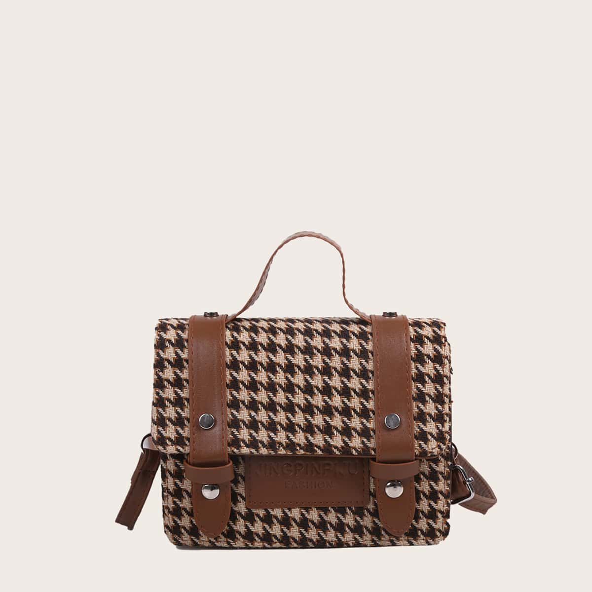 

Houndstooth Satchel Bag, Coffee brown