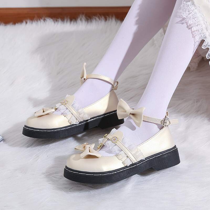 

Bow Ankle Strap Mary Jane Flats, Beige