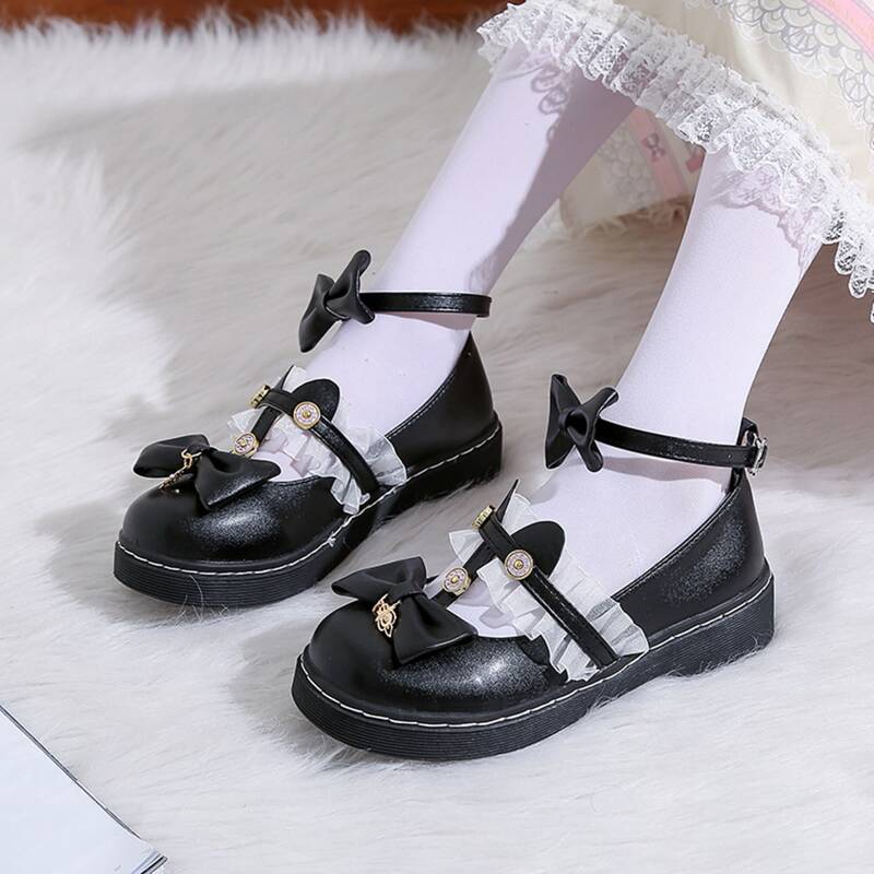 

Bow Ankle Strap Mary Jane Flats, Black