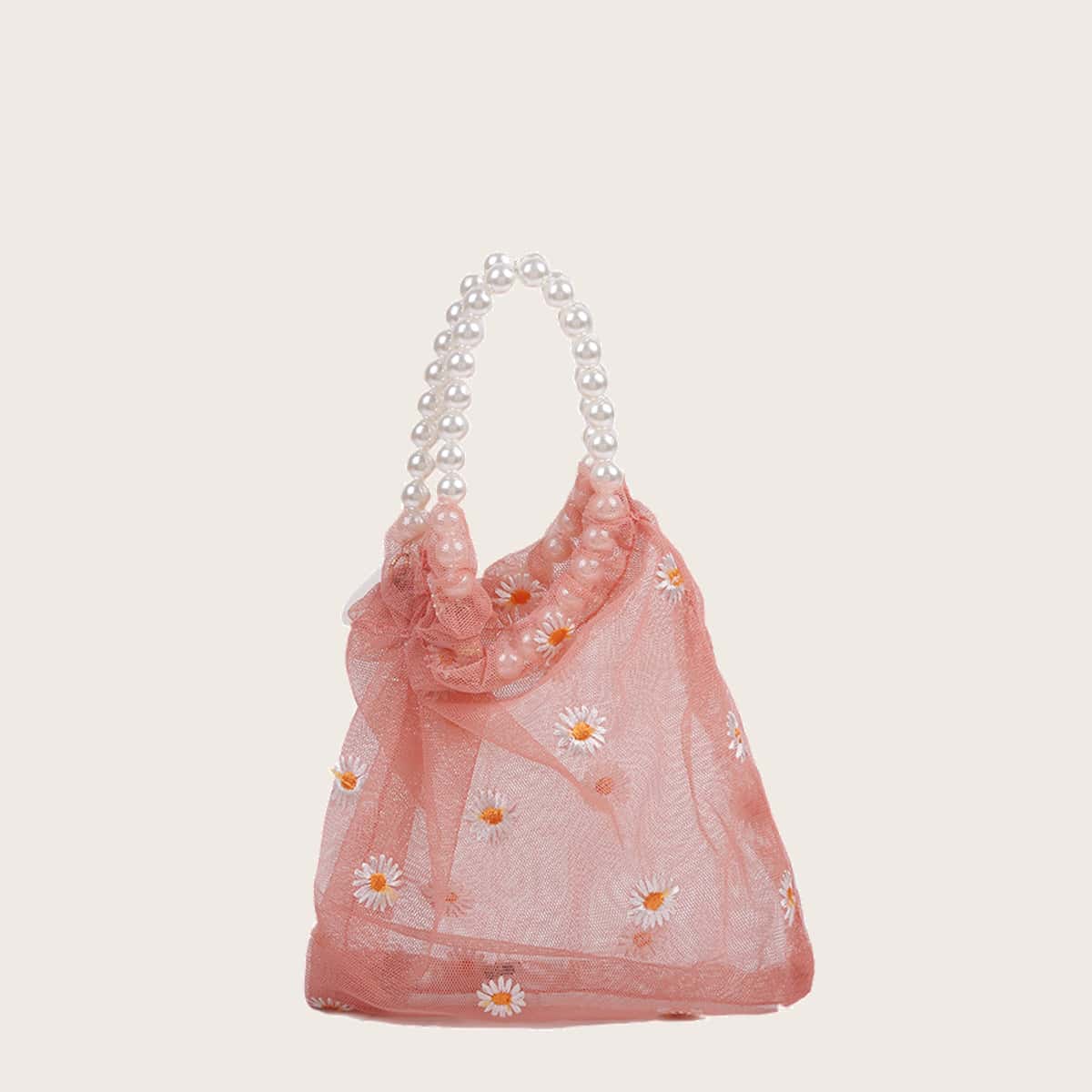 

Daisy Faux Pearl Handle Mesh Bag, Baby pink