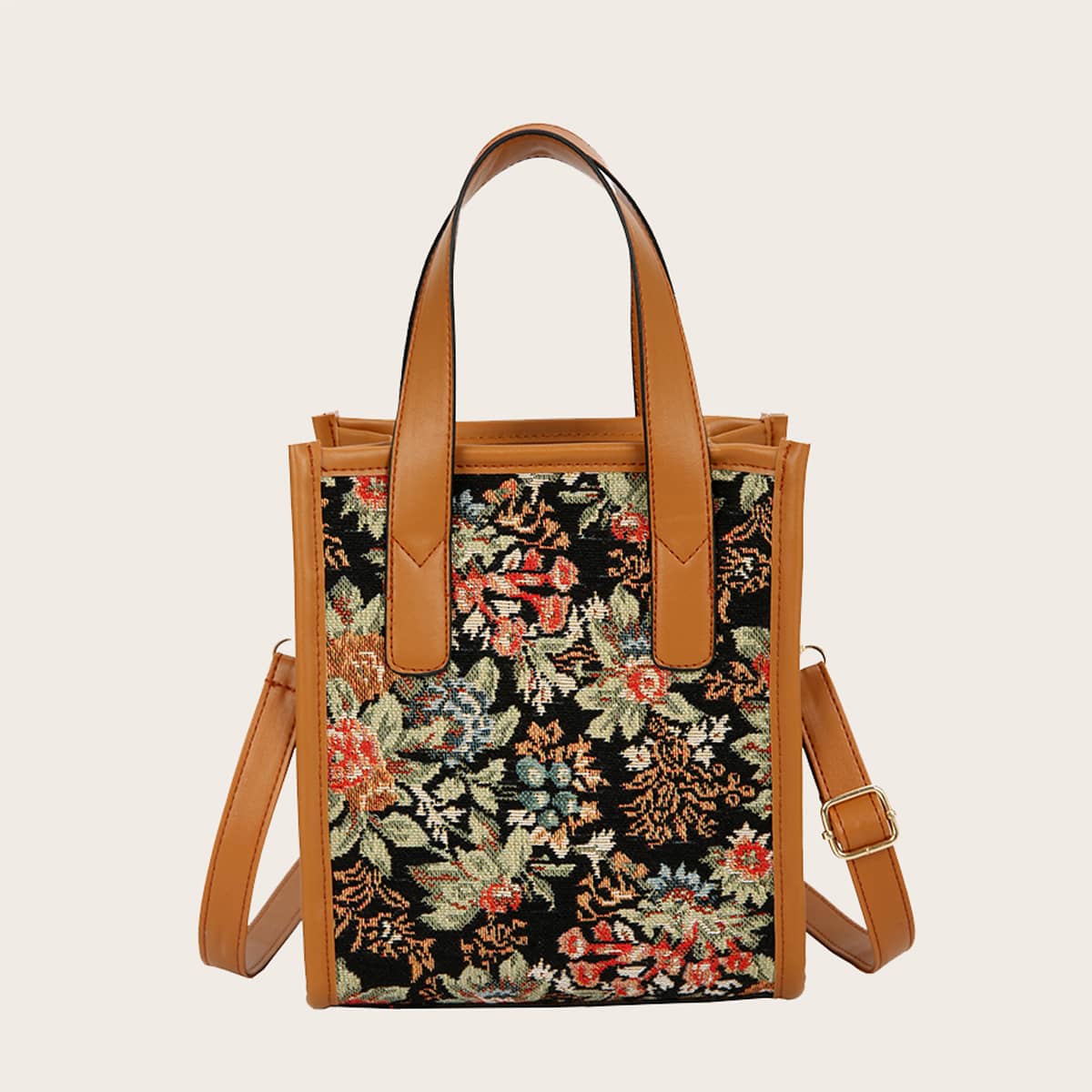 

Floral Embroidery Tote Bag, Brown