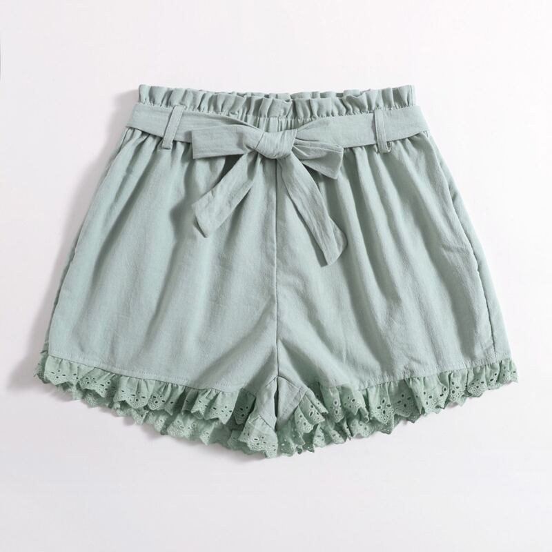 

Eyelet Embroidery Belted Shorts, Mint green