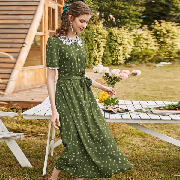

All Over Plants Print Puff Sleeve Half Placket Belted Dress, Green
