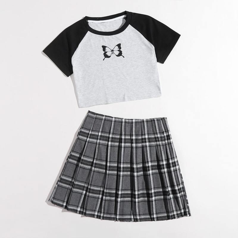 

Butterfly Graphic Tee & Plaid Pleated Skirt, Multicolor