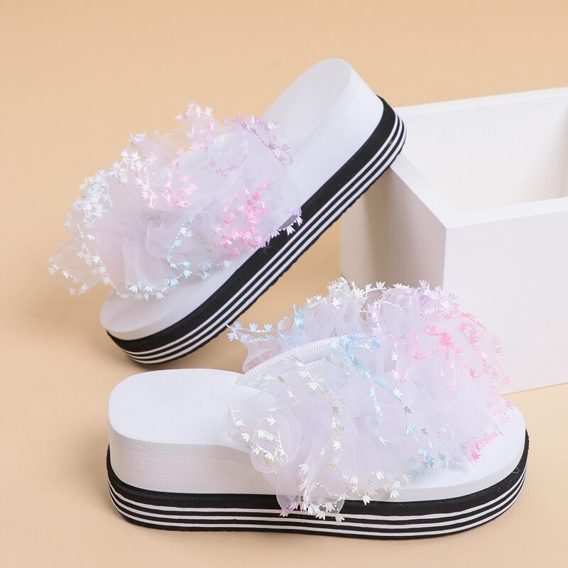 

Ruffle Flatform Thong Sandals, White