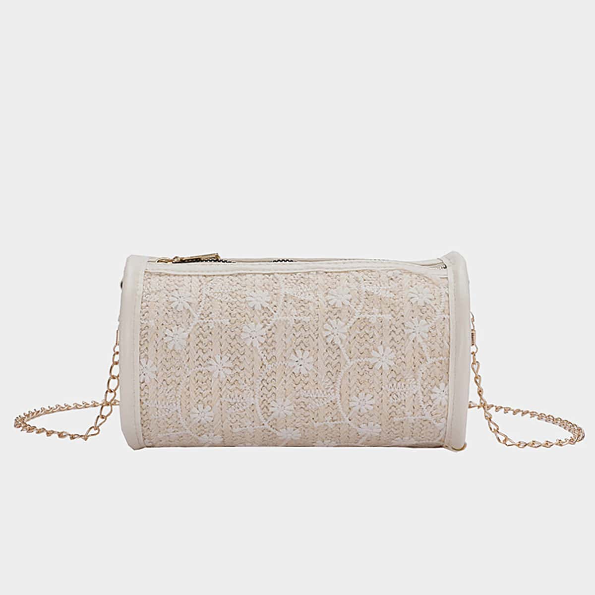 

Floral Straw Cylindrical Crossbody Bag, Beige