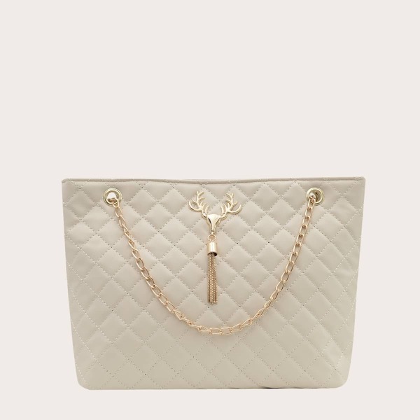 

Metal Tassel Decor Quilted Tote Bag, Beige